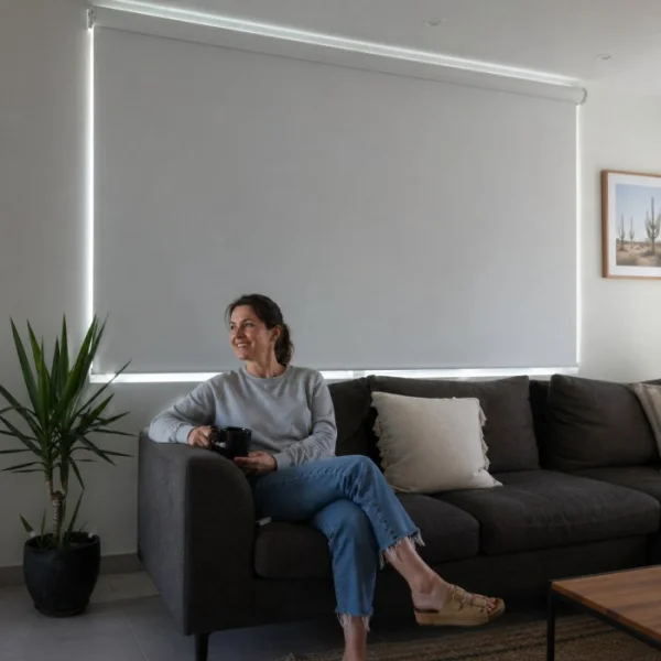 Muestra de tela para cortinas roller de buena calidad expuesta a la luz para verificar su trama homogénea - Imagen 3