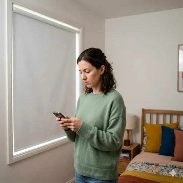 Comparación entre cortina roller y persiana de lamas instaladas en ventana de salón moderno iluminado naturalmente - Imagen 3