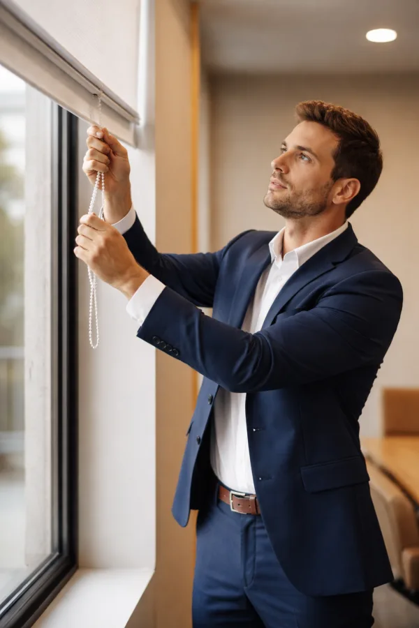 Cortinas roller a medida instaladas en oficina moderna en Puerto Montt, controlando luz natural para un ambiente productivo