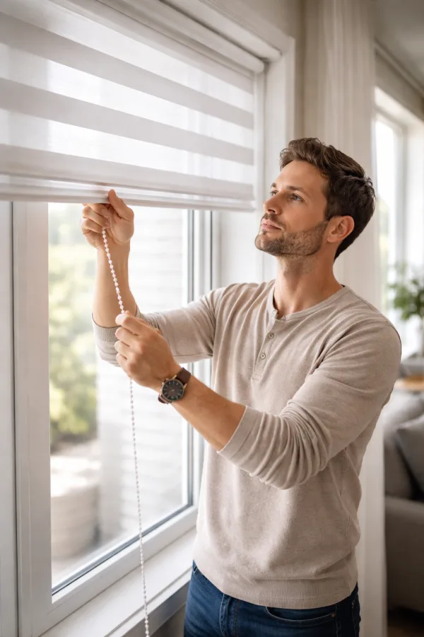 Instalación de cortinas roller a medida en sala de estar moderna en Puerto Montt, con cortina dúo y blackout combinadas - Imagen 2