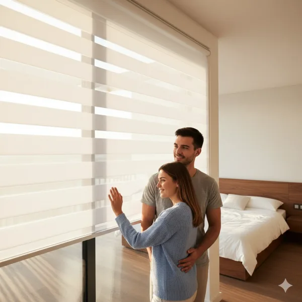 Cortinas roller dúo instaladas en sala de estar con control de luz natural y privacidad en Puerto Montt