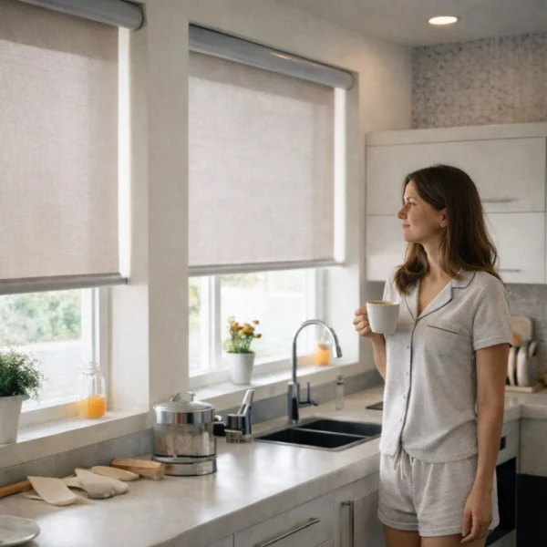 Instalación de cortinas roller a medida en un ventanal moderno de una casa en Puerto Montt