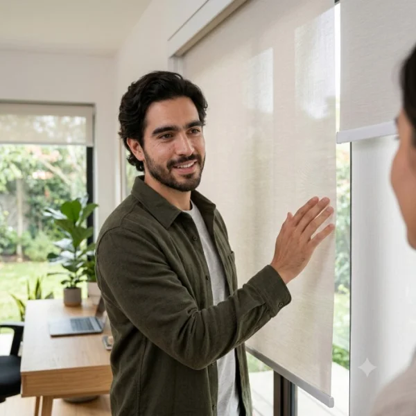 Cortinas roller sistema doble sunscreen blackout instaladas en ventana moderna - Imagen 3