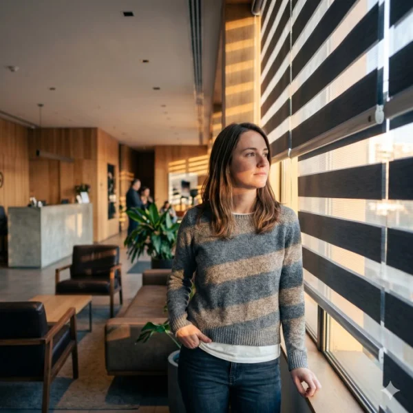 Habitación moderna con cortinas roller a medida instaladas, controlando la entrada de luz natural