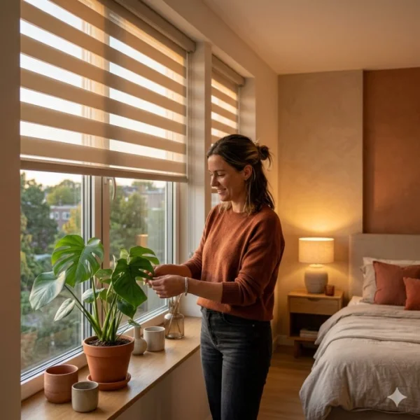Comparación entre cortina roller y persiana de lamas instaladas en ventana de salón moderno iluminado naturalmente