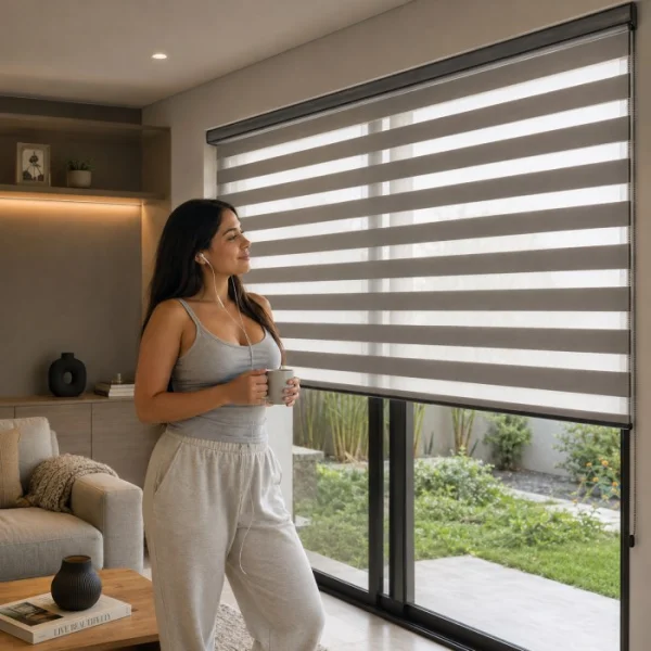 Cortinas roller a medida instaladas en living moderno con luz natural, Puerto Montt