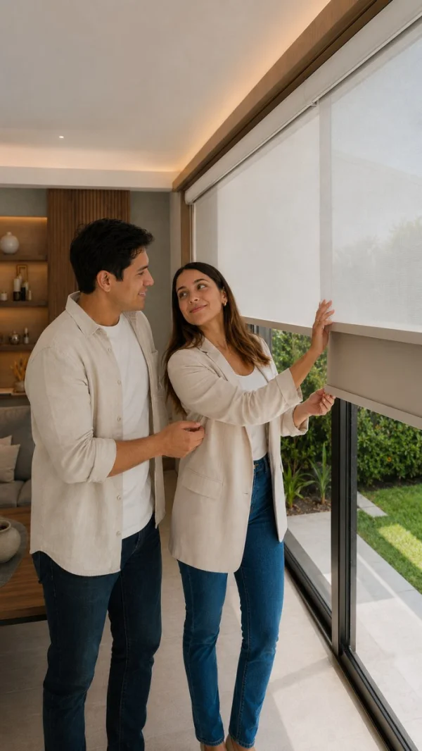Cortinas roller sistema doble sunscreen blackout instaladas en ventana moderna